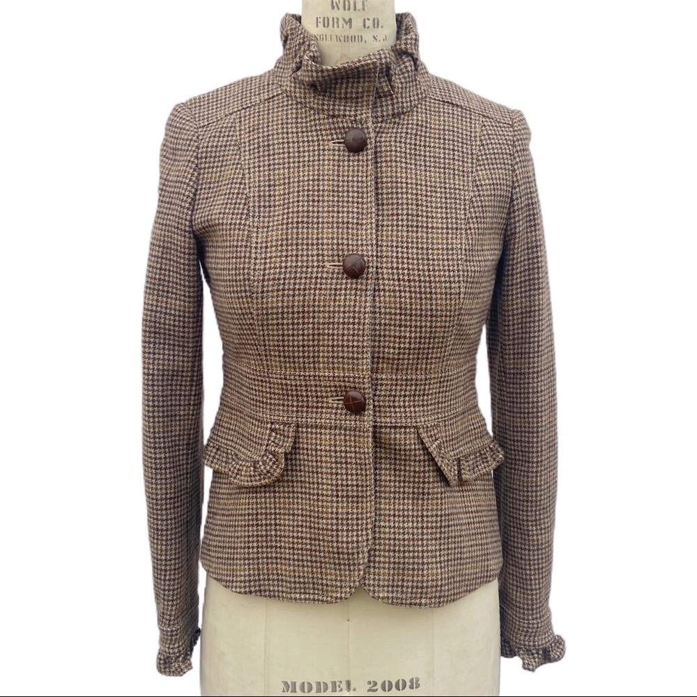 J. Crew Brown Tweed Houndstooth Wool Ruffle Trim Jacket Blazer - Picture 2 of 8